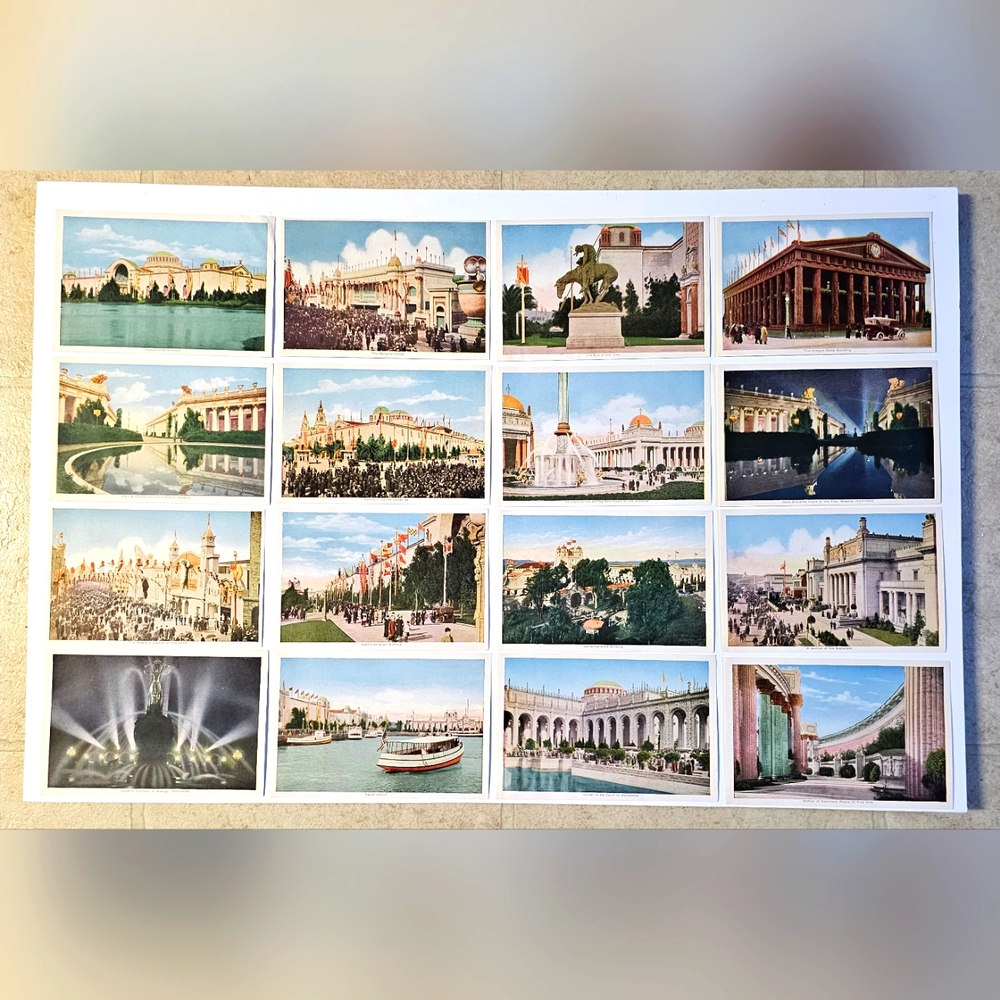 RARE set of 34 Colored Exposition Views paper cards of famous world places
